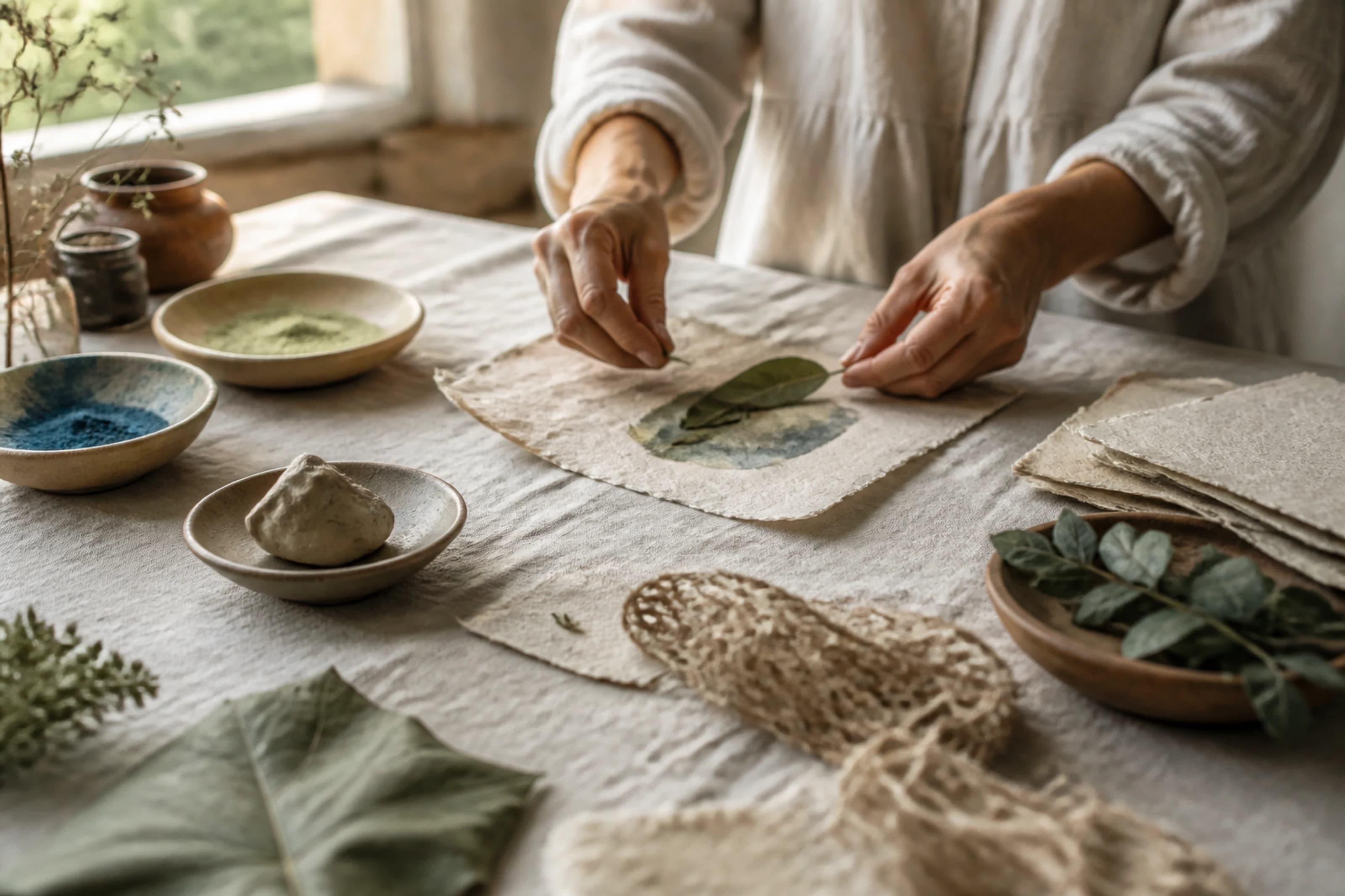 Mains composant avec papiers faits main, pigments naturels, argile et feuilles