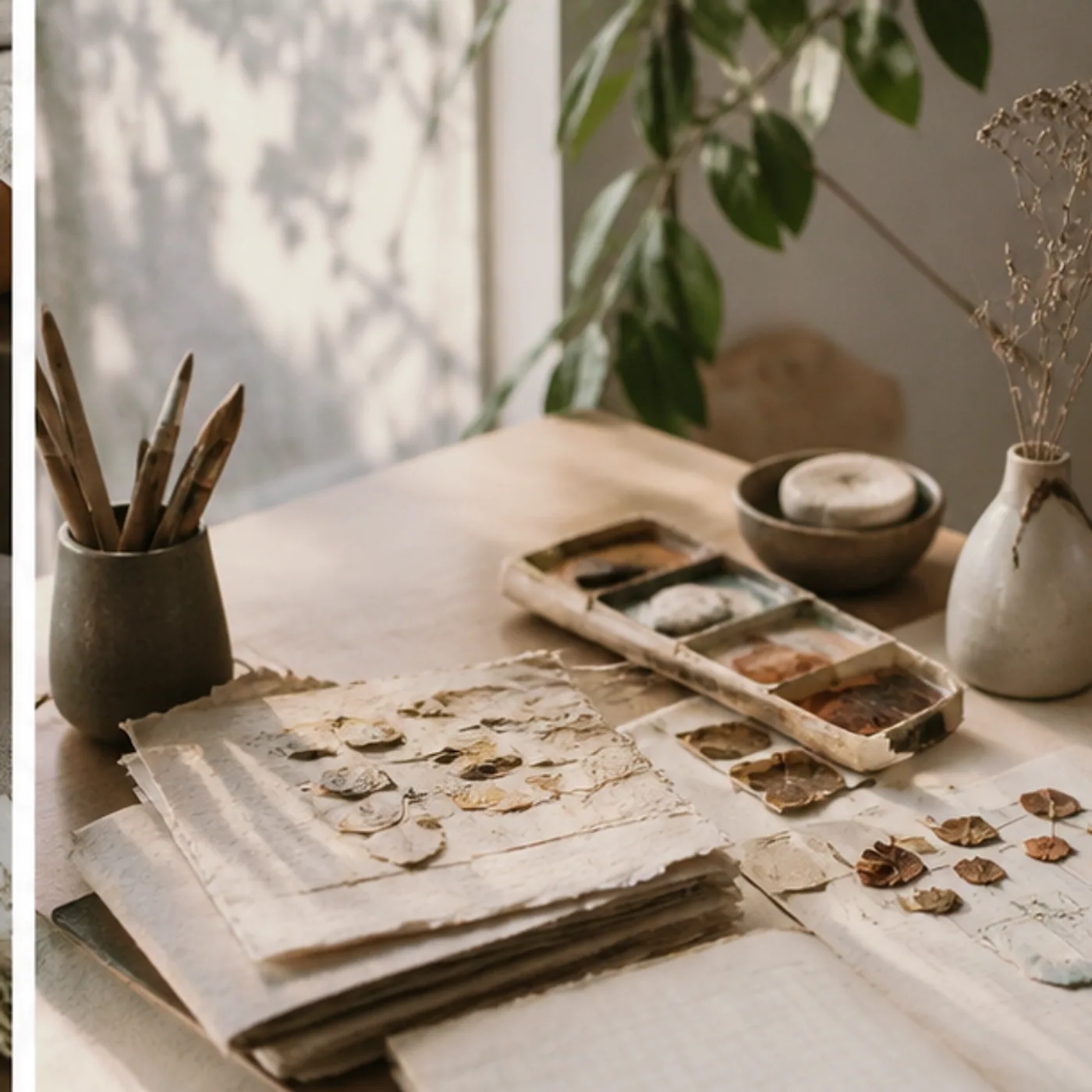 Table créative avec pigments, papiers et lumière naturelle