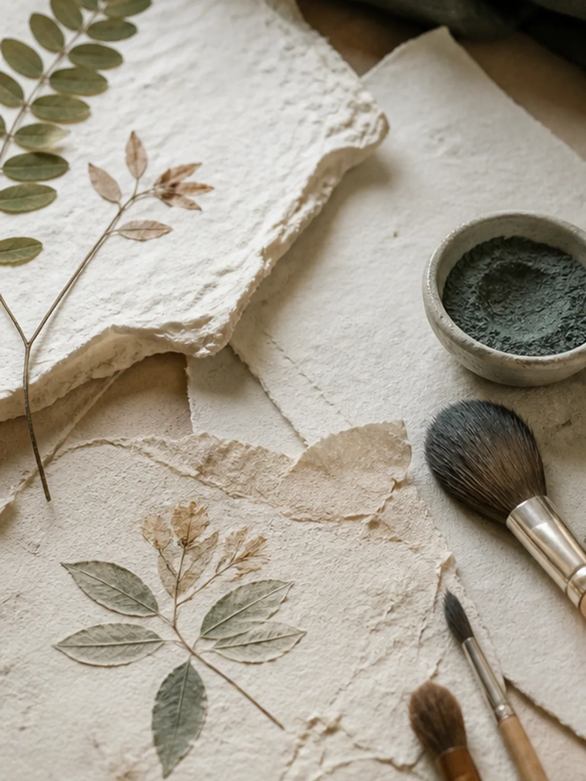 Papiers faits main, pigments naturels, feuilles pressées et pinceaux